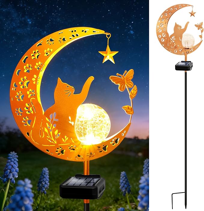 ZNYCYE Solar Garden Decor Outdoor Statue, Moon Fairy Garden Figurines with Cat Design for Mom Women Grandma Solar Stake Lights for Patio, Yard, Lawn, Pathway (Warm White)