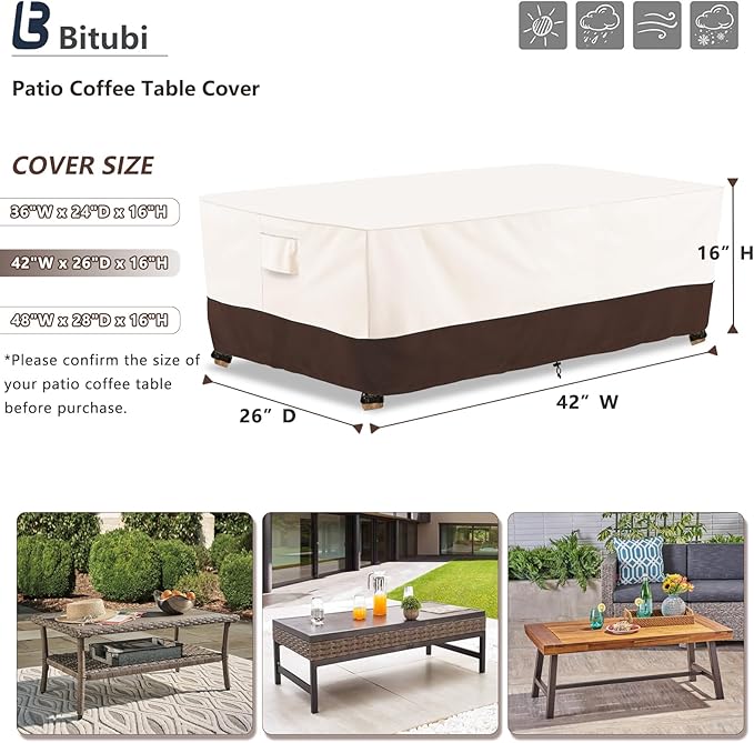 Bitubi Waterproof Patio Coffee Table Cover, Rectangular Outdoor Small Side Table Cover - Fits up to 42L x 26W x 16H inches, Brown