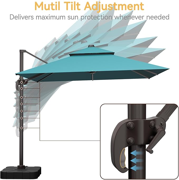 10x10 FT Patio Umbrella with Base, Large Cantilever Double Top Heavy Duty Offset Umbrellas with 360° Rotation, Outdoor shade for Garden Deck Pool, Turquoise