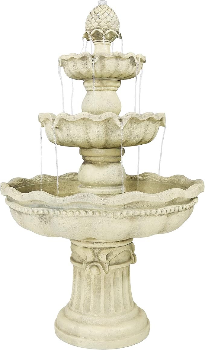 Sunnydaze 51-Inch 3-Tier Water Fountain – Electric Outdoor Fountain with Pineapple Top – Outdoor Patio & Garden Water Feature – Continuous Flow Pump with 6 ft Cord – White