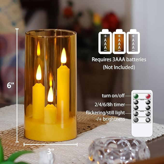 3 in 1 Flameless Taper Short Candles with 10 Key Remote Control and Timer, Battery Operated Pack of 2 LED Acrylic 3" x6" Amber Pillar Flickering Warm Light