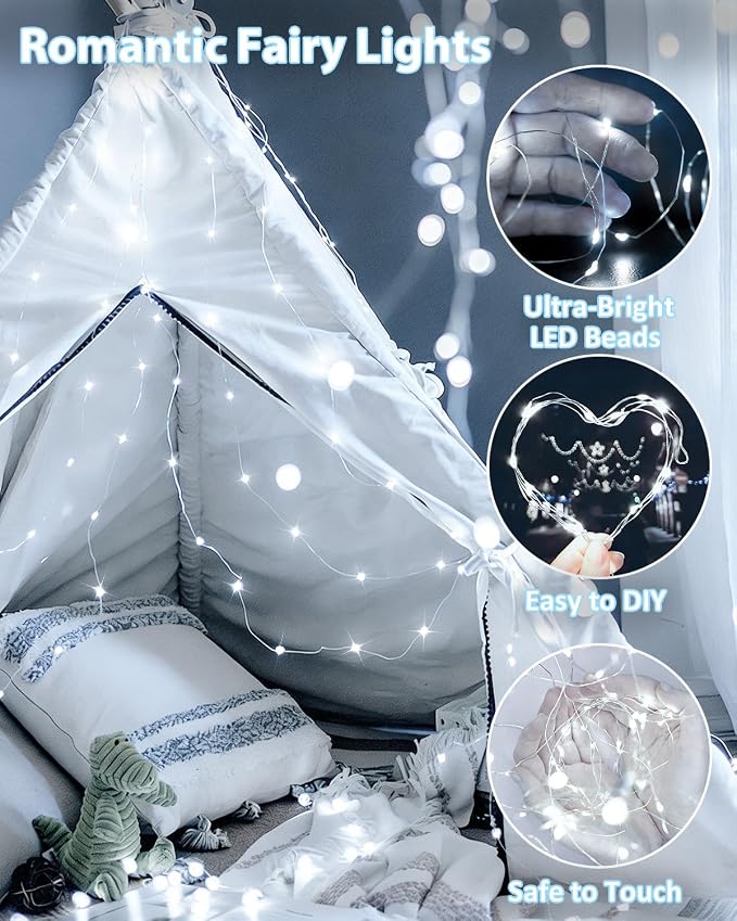 4 Pack 60 LED Fairy Lights Battery Operated with Remote, 20 FT Cool White | Cuttable, 8 Modes, Memory, Dimmable, Waterproof Battery String Lights with Timer for Indoor Outdoor, Christmas Decorations