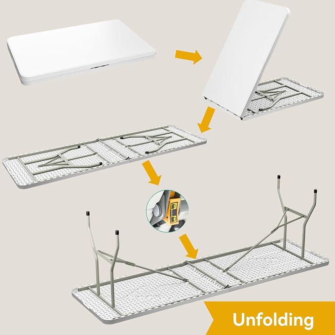 DWVO 8FT Folding Table, Heavy Duty Folding Tables with Carrying Handle, Plastic Fold up Table for Outdoor Camping Picnic Parties, Indoor Events, White