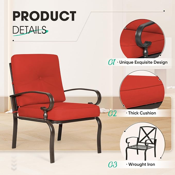 Incbruce 7 Pcs(6 Seats) Wrought Iron Patio Conversation Sets (1 Loveseat, 2 Table, 2 Spring Chair, 2 Dining Chairs), Outdoor Metal Furniture Sets with Red Cushion