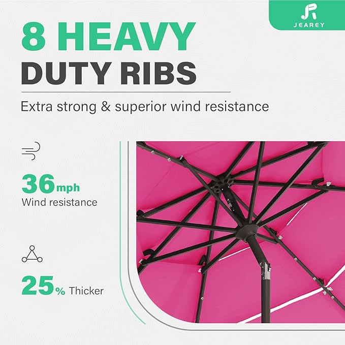 JEAREY 3 Tiers Patio Umbrella with Solar Lights 9ft Outdoor Market Table Umbrellas with Push Button Tilt for Outside Pool Garden, Pink