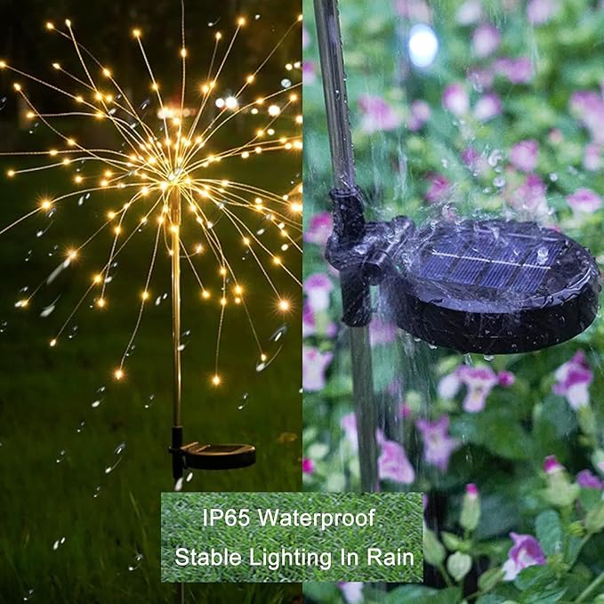 Solar Garden Firework Lights Outdoor Waterproof, 2 Pack 150 LED 8 Lighting Modes Sparklers Solar Twinkling Starburst Lights for Yard Flowerbed Pathway Fence Decorations, Warm White, Copper Wire