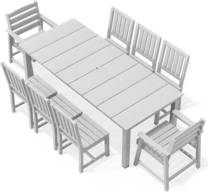 AreShark Outdoor Dining Table,All Weather Rectangular Patio Table for 6,Heavy-Duty HDPE Table with Umbrella Hole and Aluminum Frame,Weatherproof Outdoor Furniture for Backyard, Garden,White