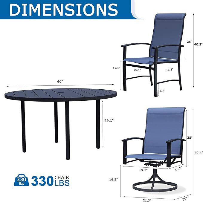 9 Piece Outdoor Patio Dining Set for 8, 60" Black Round Metal Table with 8 Blue Chairs, All-Weather Outdoor Furniture Set for Backyard, Lawn, Deck, or Poolside