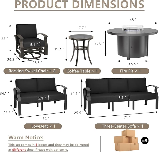 ALAULM Aluminum Patio Furniture Set with 40,000 BTU Round Propane Fire Pit Table 7-seat Metal Outdoor Furniture w/ 2 Swivel Chairs Patio Sectional Sofas for Patio, Lawn, Poolside（Black