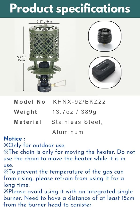 CAMPINGMOON T-HEATER GASWARE Gas Heater Propane Isobutane for Camping Outdoor Collaboration Limited Edition with EVA Case (KHNX-92+Z22)