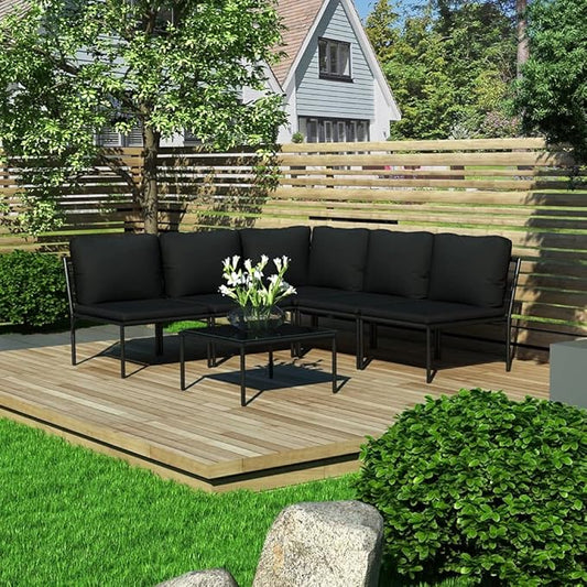 6 Piece Patio Lounge Set with Cushions,Outdoor Patio Furniture,Outdoor Dining Chairs,Outdoor Sectional Sofa,Outdoor Seating,Conversation Furniture,for Porch,Garden,Backyard, Black PVC