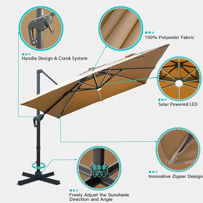 Sunnyglade 10x10ft Solar Powered LED Cantilever Patio Umbrella Square Deluxe Offset Umbrella 360°Rotation & Integrated Tilting System & LED lights for Market Garden Deck Pool Backyard Patio