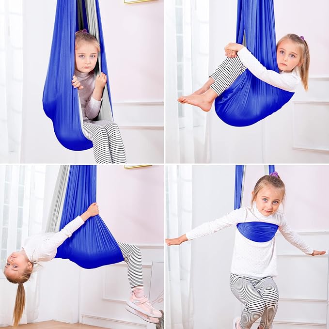 Therapy Swing Hammock Kids Cuddle Sensory Swing Indoor Therapeutic Hammock 360° Rotating Double Layer Elastic Rocking Cloth Swing Gifts for Children with ADHD SPD Asperger Autism (Blue+Grey)