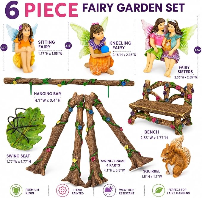 Mood Lab Fairy Garden Figurines with Swing - Miniature Accessories Set (6 pcs) - Outdoor Indoor Garden Decor