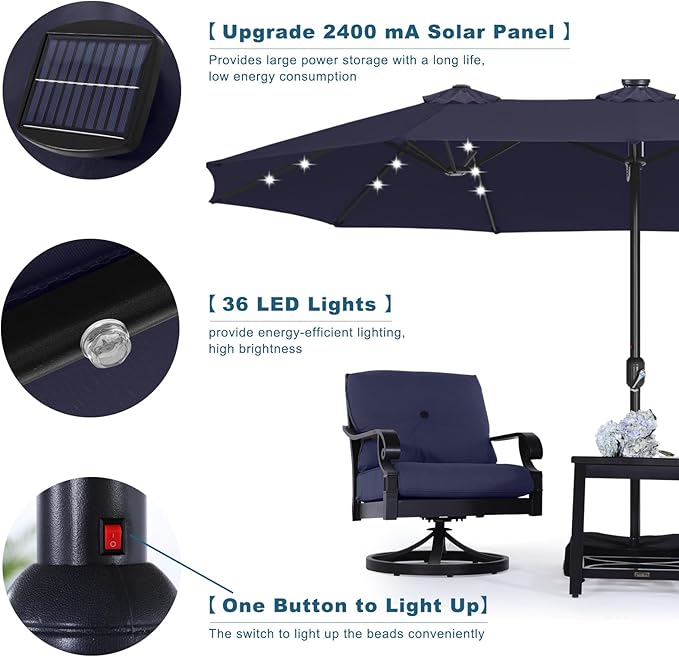 ABCCANOPY 15ft Umbrella Outdoor Patio Solar Lights with Base, Outdoor Double-Sided Rectangle Umbrella for Poolside, Lawn, Backyard (Navy Blue)