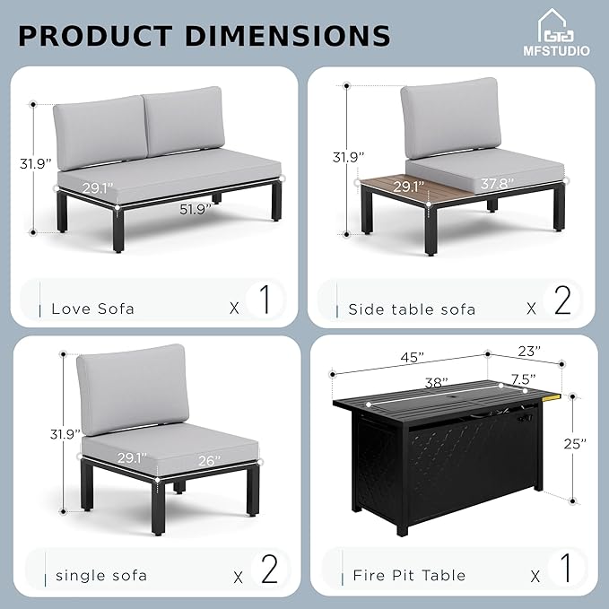 MFSTUDIO 6 Pieces Outdoor Patio Furniture Set with Fire Pit Table, Metal Outdoor Sectional Sofa Conversation Set for Backyard,Garden