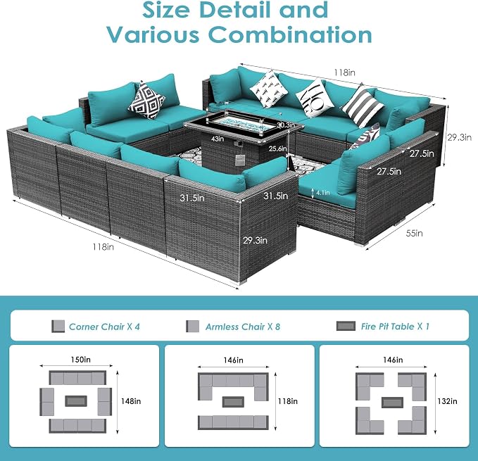 BULEXYARD 13 Piece High Back Outdoor Furniture Sets with Fire Pit, Luxury Patio Sectional Couch Sofa 12-Seater Modular, Comfortable Extra Large Wide Deep Backyard Seating Conversation Set, Grey & Teal