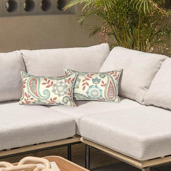LVTXIII 2 Pack Outdoor Lumbar Pillows 12x20 Inch with White Piping, Fade Resistant Support Throw Pillows with Inserts for Patio Furniture, Sofa, Chair, Paisley Vintage