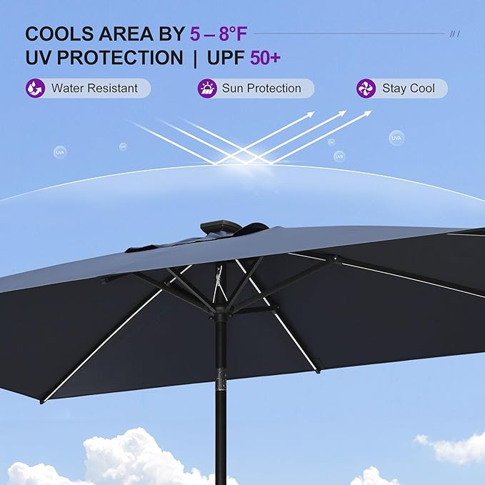 PURPLE LEAF 5' x 8' Rectangular Patio Umbrella with Solar LED Outdoor Table Umbrella Aluminum Frame Market Umbrella Sun Umbrella for Garden Deck Lawn Pool Navy Blue
