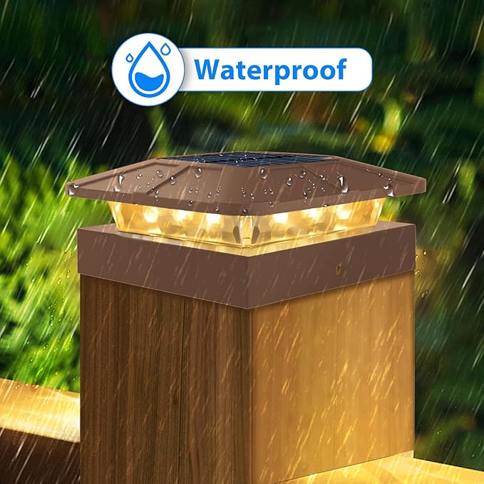 4x4 Solar Post Cap Lights Outdoor with 3 Modes, 2 Packs Brown Fence Light Solar Powered Waterproof for 4x4 3.5x3.5 Wood/Vinyl Posts for Deck Yard Garden Patio Outside