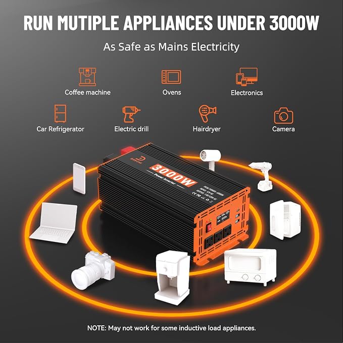 3000W Power Inverter 12V DC to 110V/120V AC Converter for RV/Truck/Boat/Camping/Off-Grid Solar Car Power Inverter Peak Power 6000W with 3 AC Outlets,USB & Type-C Port, Remote Controller & LCD Screen
