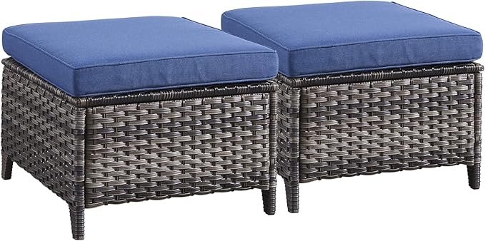 Rilyson Outdoor Ottoman Wicker Patio Ottomans - 2 Piece Footrest Footstools Set Rattan Outdoor Ottomans for Patio with Thick Cushions(Mixed Grey/Blue)