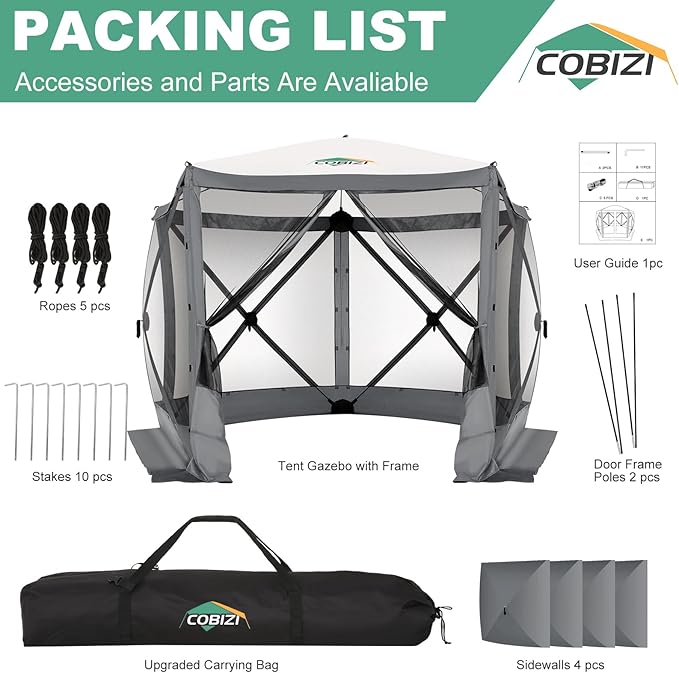 COBIZI 10x10 FT Pop up Gazebo, Popup Canopy Tent,Screened in Gazebos with sidewalls, Waterproof Portable Outdoor Small Screen Tents Sun Shelter,carpas para Patio for Camping, Garden and Backyard,Grey