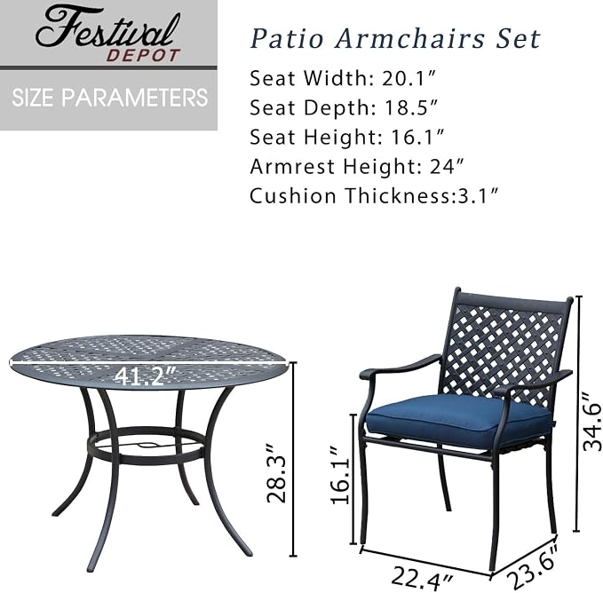 Festival Depot 5 Piece Patio Dining Set Metal Chairs with Seat Cushions and Round Iron Table with Umbrella Hole All Weather Outdoor Furniture for Bistro Deck Garden (Blue)
