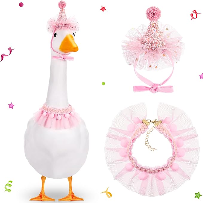 Birthday Porch Goose Outfit Lawn Clothes Hat and Tutu Collar Plastic Outfits for 23" 17" Cement Goose Outdoor Garden Lawn Art Decor(Light Pink,Star)