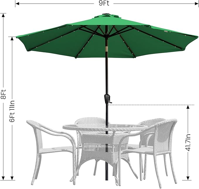 Sun-Ray 9' Round Patio Umbrella with 32 Solar Powered LED Lights, Push-Button Tilt and Hand Crank Lift, Solar Umbrella in Hunter Green for Porch, Deck, and Patio