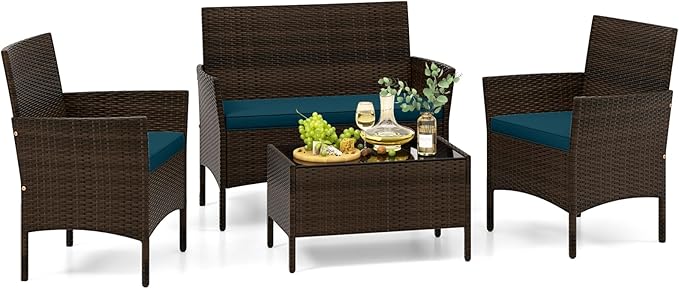 Tangkula 4 Piece Patio Rattan Conversation Set, Outdoor Wicker Furniture Set with Chair, Loveseat & Tempered Glass Table, Cozy Seat Cushions, Outside Sectional Sofa Set for Backyard (1, Peacock Blue)