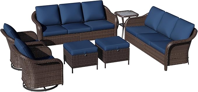 8 Piece Patio Wicker Conversation Set, All-Weather Use Outdoor Wicker Sofa with 2 PE Rattan Ottomans,4 Swivel Chair, 1 Side Table, Ideal for Porch, Backyard, Balcony, Poolside, Blue