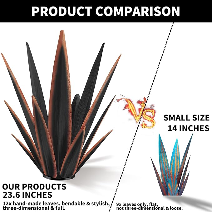 KODIBO 24" Metal Agave Plant Outdoor Decor, Large Garden Sculpture, Black | Outdoor-Resistant, Hand-Painted Metal Plant, Tequila Rustic Sculpture, Desert Steel Yard Art, Mexican Style Garden Decor