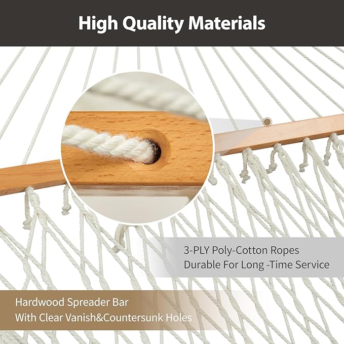 CHULIM Outdoor Double Hammock with Hardwood Spreader Bars, Large Rope Hammock with Polyester Pad and Pillow, 475 LBS Capacity for 2 Person Patio Backyard Poolside - Tan