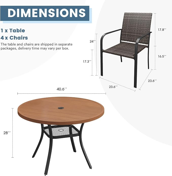 DIFY 5 Piece Outdoor Dining Set, Patio Table and Chairs Set for 4 with Umbrella Hole, 40.6" Walnut Round Dining Table & Stackable Wicker Patio Chairs, Metal Patio Furniture Set for Garden Backyard