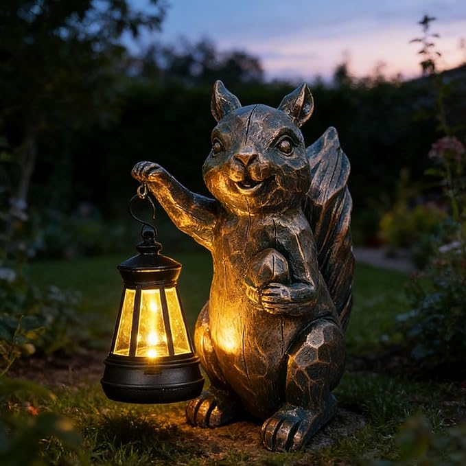 Garden Statues Squirrel Solar Figurine Decor Outdoor Waterproof Lights , Yard Decorations Outdoor, Garden Decor Unique Birthday Housewarming Gifts for Mom (Squirrel 2)