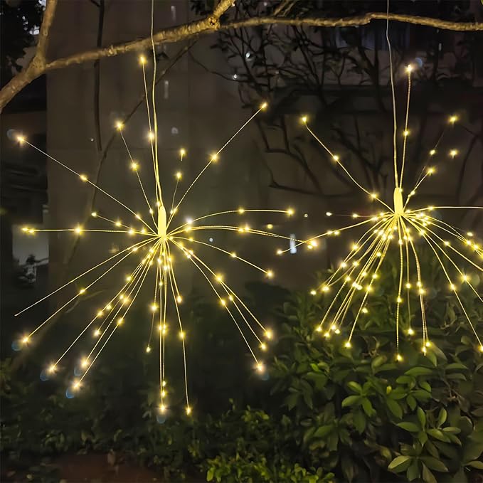 5 Pack Solar Firework Lights, 450 LED 8 Modes Dimmable Waterproof Hanging DIY Starburst Fairy Lights with Timer for Party Garden Indoor Outdoor Decoration (Warm White, 450)