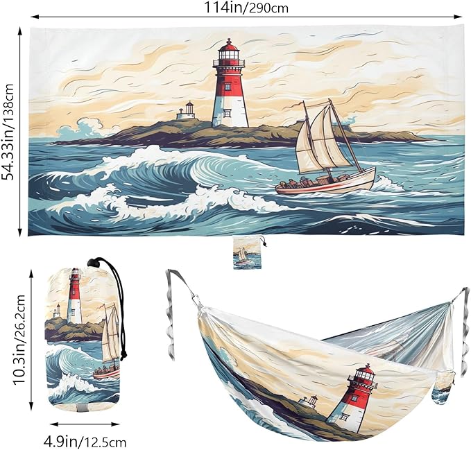 Portable Single Hammock Sailboat in The Sea Wave and Lighthouse Garden Yard Outdoor Hammocks