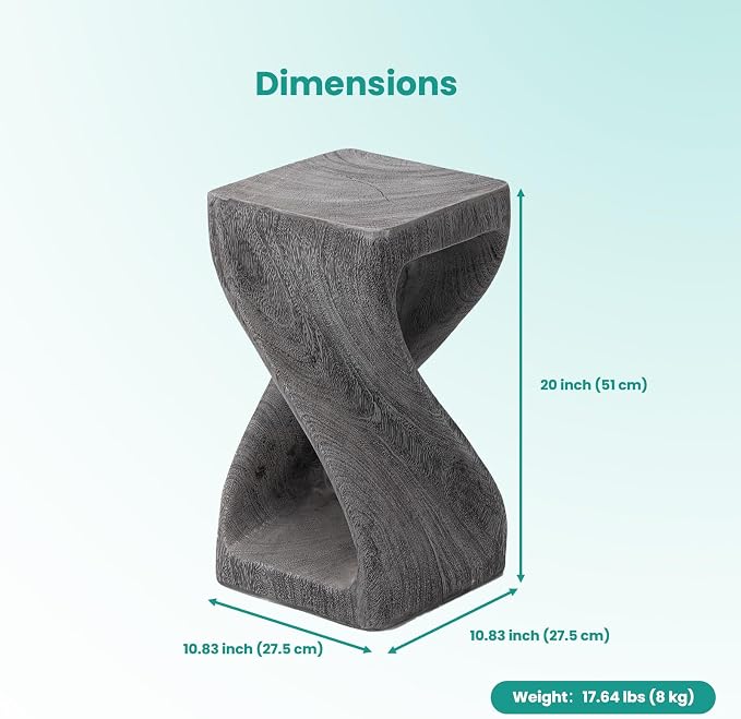 SUNBURY Outdoor Side Table, Big Twist Shape Accent Table, 20" H Patio Faux Concrete End Table, Faux Wooden Garden Stool Log for Patio Garden Balcony Porch, Grey