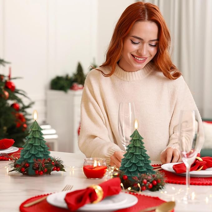 Christmas Tree Shaped LED Candles with 6H Timer, 2 Pcs Flameless Pillar Candles Flickering, Battery Operated LED Candle with 3D Flame Wick, Green Candles for Home Décor Christmas Gifts