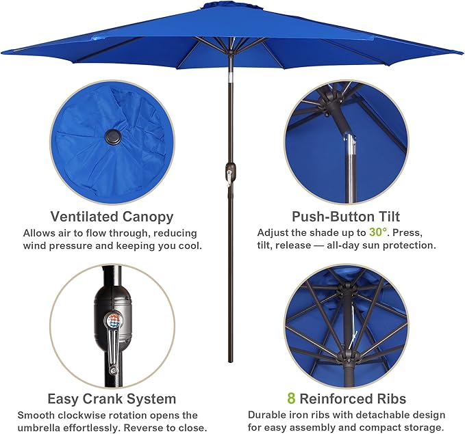 Blissun 10FT Outdoor Patio Umbrella, Outdoor Table Umbrella, Yard Umbrella, Market Umbrella with 8 Sturdy Ribs, Push Button Tilt and Crank