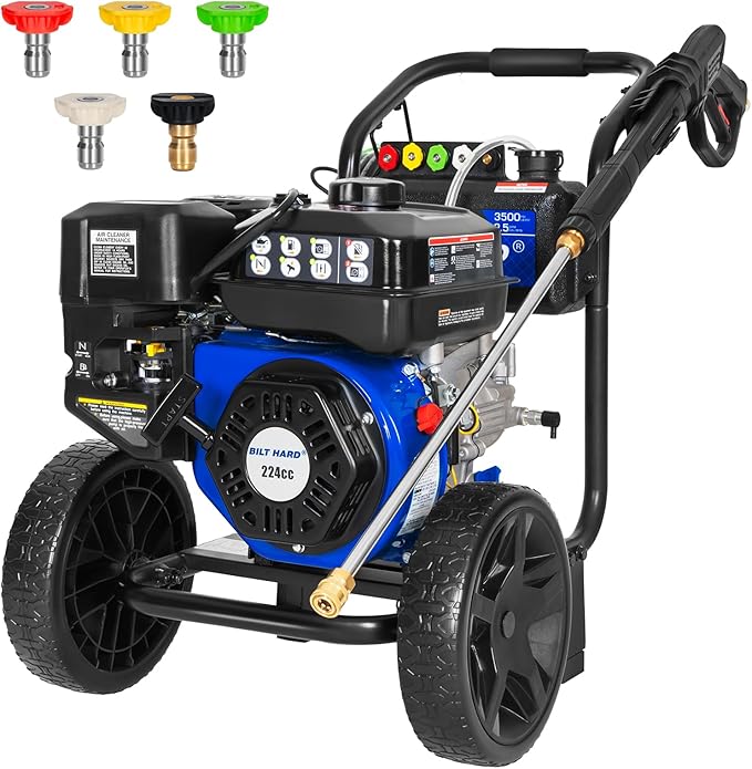 BILTHARD 3500 PSI Gas Pressure Washer, 2.5 GPM Heavy Duty Power Washer with 224cc 4 Cycle Engine, Spray Gun and Wand, 5 Quick Connect Nozzle Tips, 3/5 Inch x 25 Foot Hose, 49 State Compliant