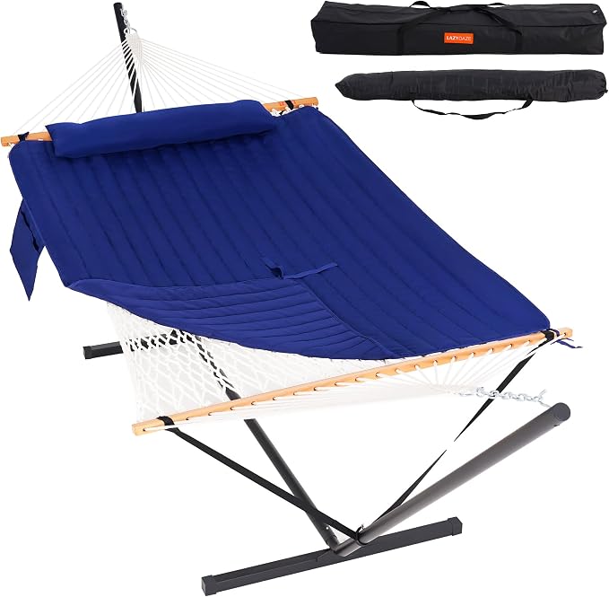 Lazy Daze Hammocks 2 Person Portable Hammock with 12FT Stand, 10.5FT Double Hand Woven Cotton Rope Hammock with Detachable Quilted Pad & Pillow for Outside, 450lb Capacity, Navy Blue