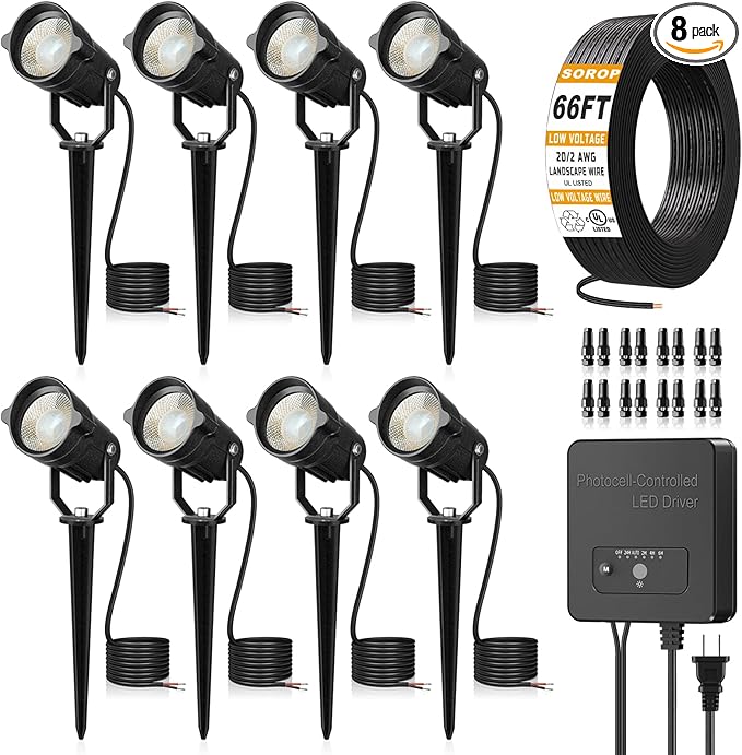Low Voltage Landscape Lighting Kit, 6W Landscape Lights with Transformer 66FT UL-Listed Wire & Connectors, 3000K Waterproof Outdoor Spotlight Lights for Yard House Tree 12V-24V 8Pack