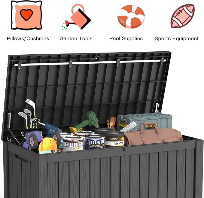 Mars Villa 120 Gallon Outdoor Storage Box, Large Resin Deck Box Waterproof, Storage Bin for Outside Patio Furniture Cushion, Pool Supply, with Hydraulic Hinge, UV Resistant and Weatherproof, Black