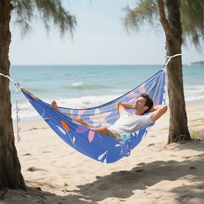 Blue Background Colorful Flowers 330lb Capacity Hammocks Rope Hammock for Outside Patio Garden para ir de Camping