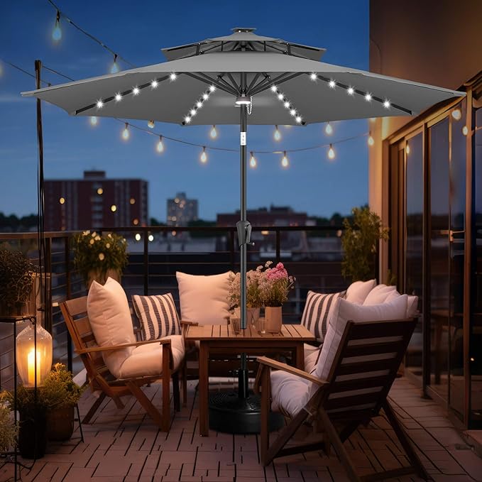 FLAME&SHADE 2 Tiers 9ft Solar Light Patio Umbrella, 40 LED lights outdoor umbrella with Centre Surround Light, Table Market Umbrella for Deck, Pool, Porch, Backyard, Garden (Anthracite)