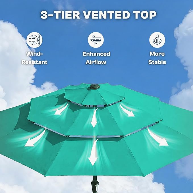 10FT Patio Umbrella 3 Tiers with LED Light Outdoor Market Umbrella w/Push Button Tilt, Crank, UV and Waterproof Table Umbrella for Garden, Pool, Backyard, Deck, Lawn, Turquoise Blue