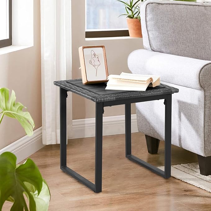 Wicker Outdoor Side Table for Patio Set of 2, 2 PCS Square Rattan Outdoor End Tables for Outside Porch Lawn Garden Balcony Pool Bistro, Black