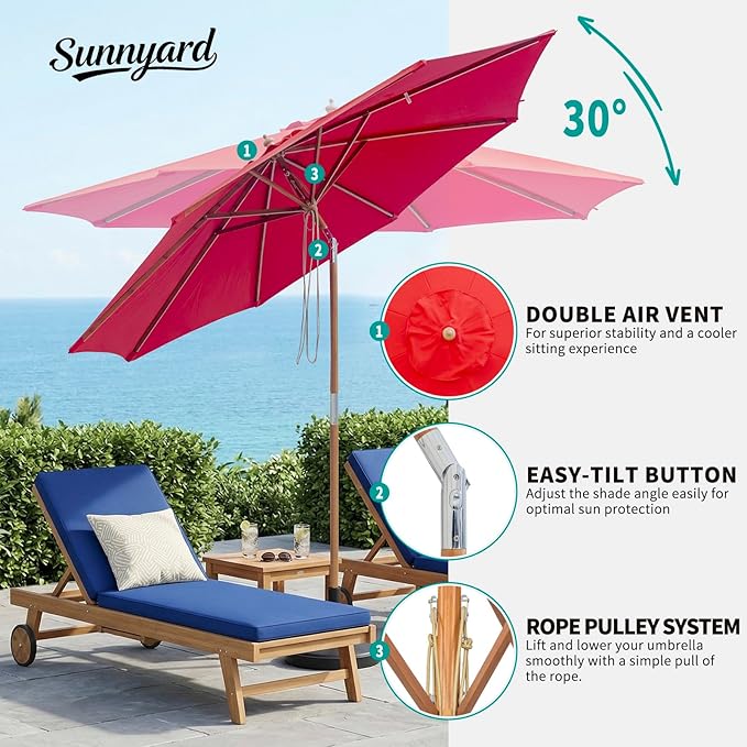 9FT/10FT Bamboo Patio Umbrella, Large Outdoor Umbrella with UPF 50+ Sun Protection, Rope Pulley Lift & Push-Button Tilt, 8-Rib Ventilated Canopy for Garden, Deck, Backyard & Outdoor Dining